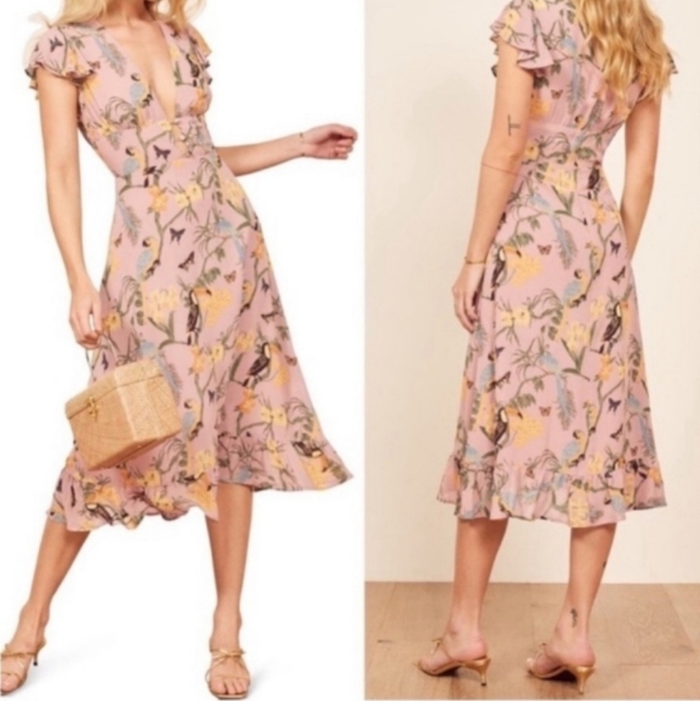 Reformation Toucan Tropical Floral Pink Midi Dress Small